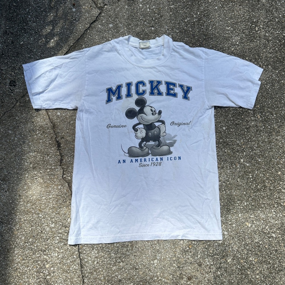 Vtg 90s Disney Store Mickey Mouse American Icon White Graphic T-Shirt Mens Small